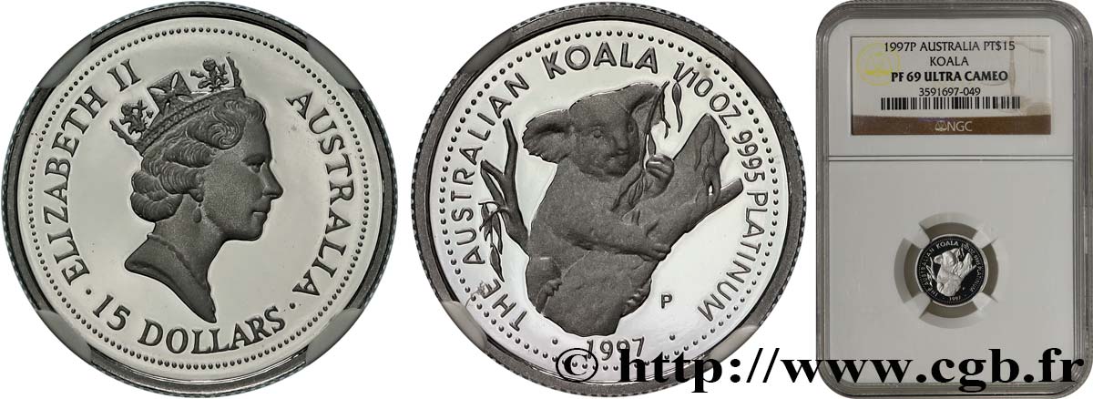 AUSTRALIE 15 Dollars (1/10 Once) Proof Koala (platine) 1997  FDC69 NGC
