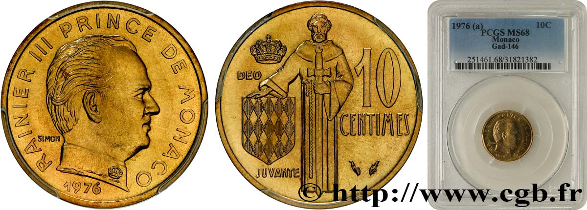 MONACO 10 Centimes Rainier III 1976 Paris MS68 PCGS