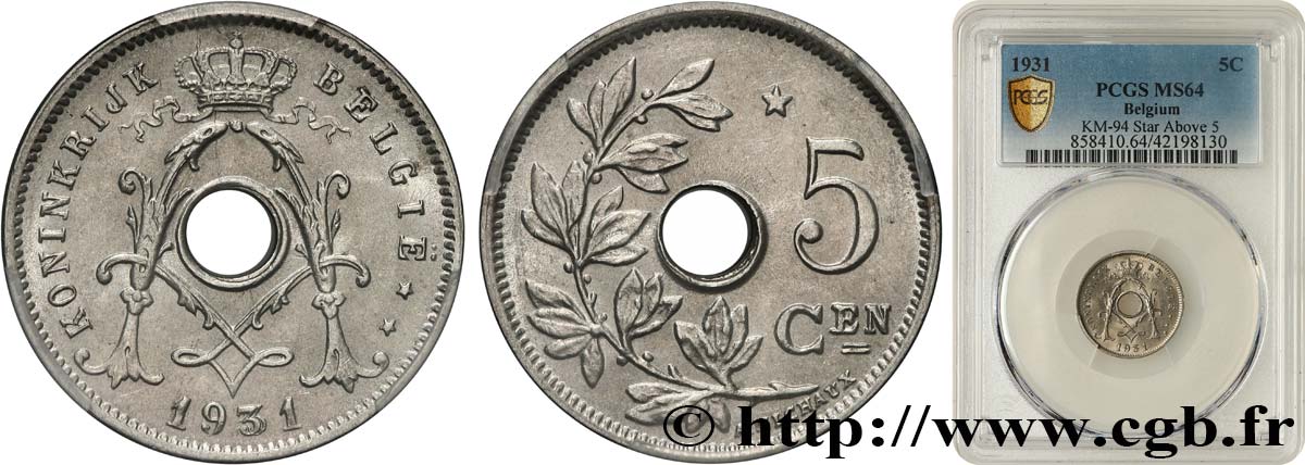BÉLGICA 5 Centimes type à étoile 1931  SC64 PCGS