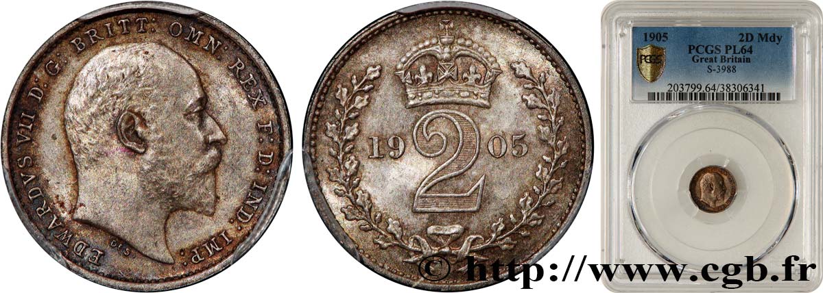 GRANDE-BRETAGNE - ÉDOUARD VII 2 Pence 1905  MS64 PCGS