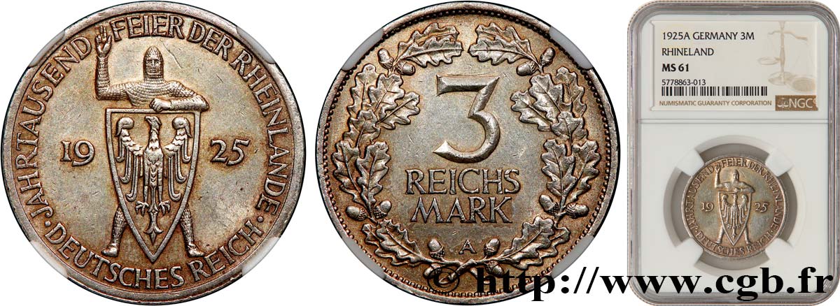 DEUTSCHLAND 3 Reichsmark millénaire de la Rhénanie 1925 Berlin VZ61 NGC