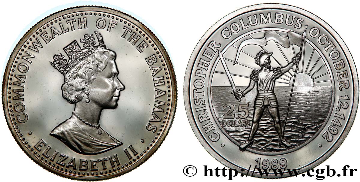 BAHAMAS 25 Dollars Proof Christophe Colomb 1985 Franklin Mint fST 