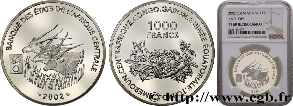 CENTRAL AFRICAN STATES 1000 Francs CFA Proof 2002 Paris MS69 NGC