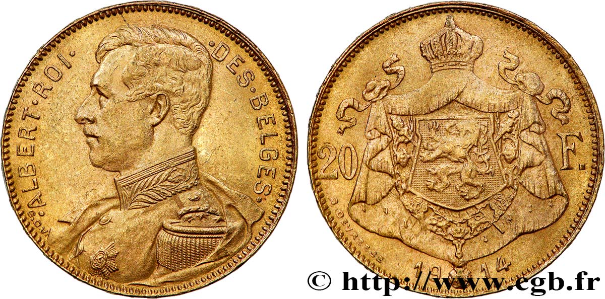 BELGIO 20 Francs or Albert Ier légende française 1914  q.SPL 
