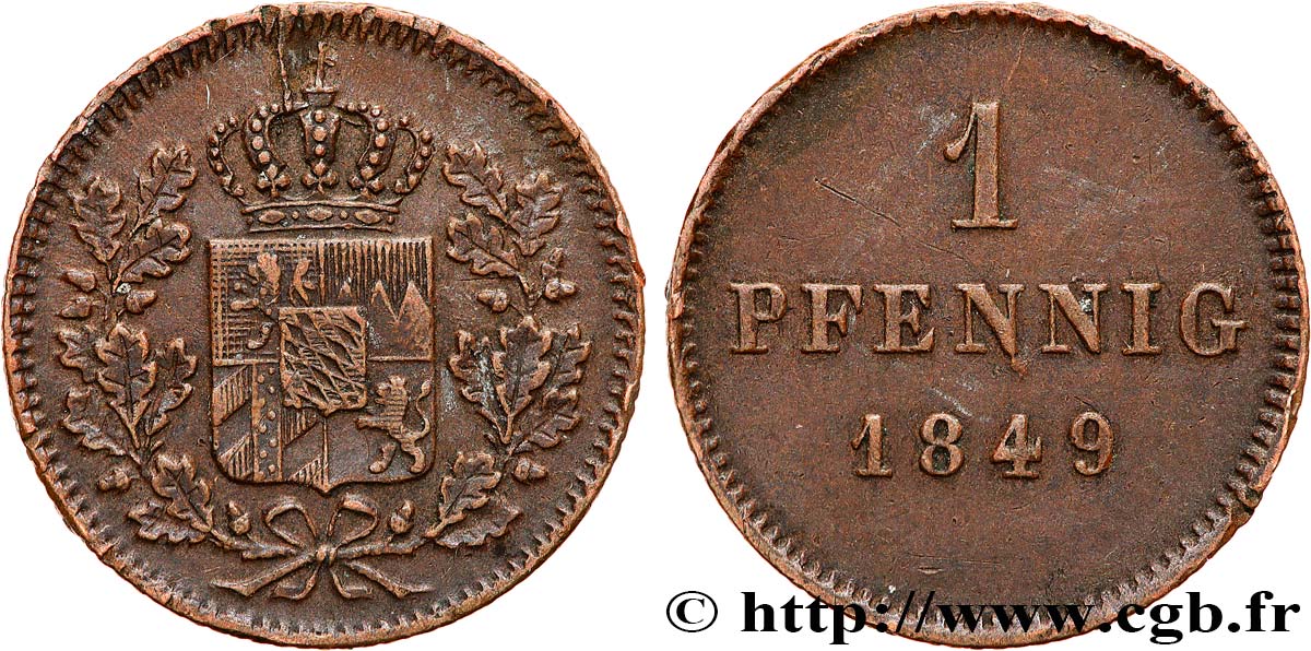 GERMANY - BAVARIA 1 Pfenning Royaume de Bavière 1849  XF 