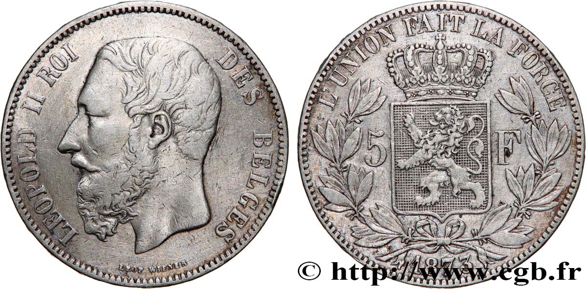 BELGIEN 5 Francs Léopold II 1873  SS 
