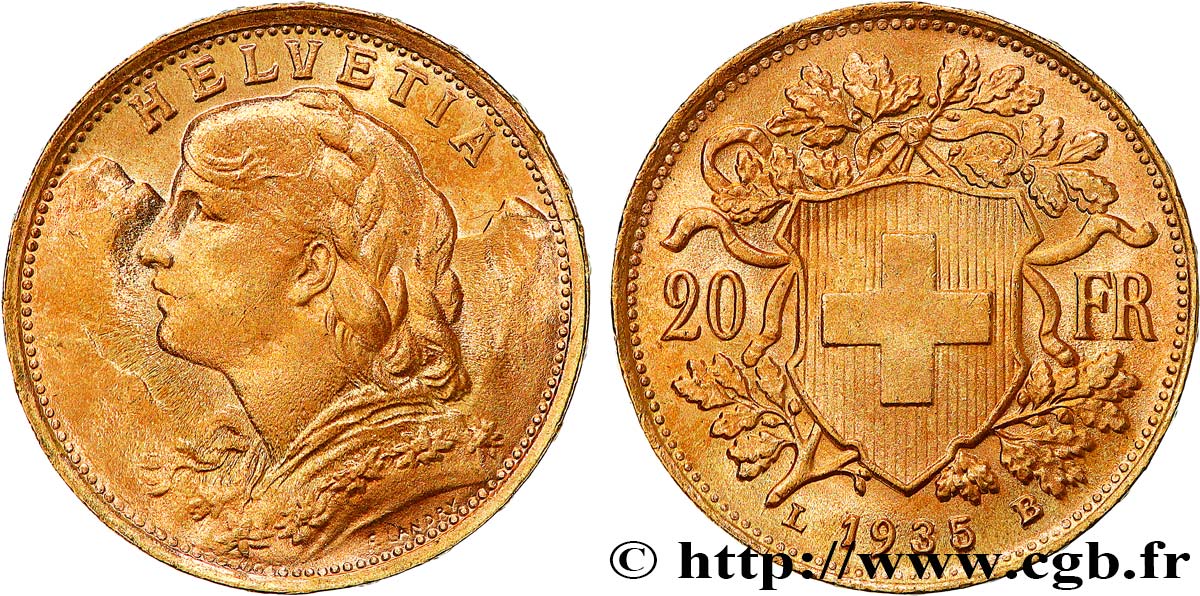 INVESTMENT GOLD 20 Francs  Vreneli   1935 Berne SPL 