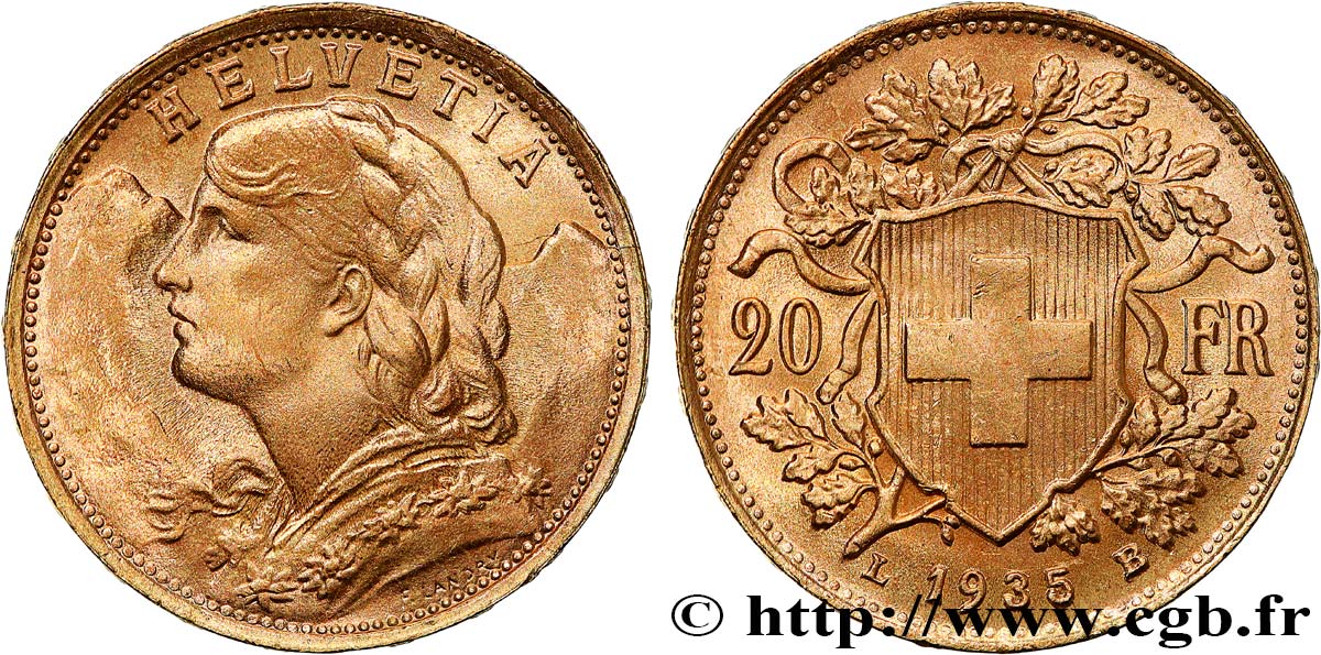 GOLD, PALLADIUM & PLATINUM INVESTMENT 20 Francs  Vreneli   1935 Berne AU 