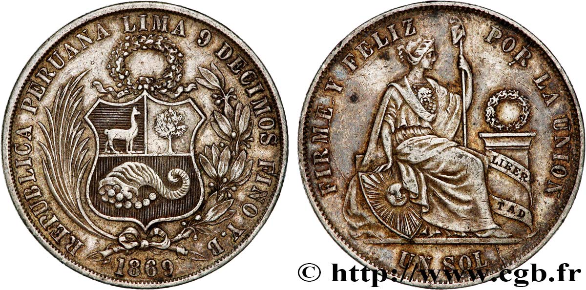 PERU 1 Sol “Liberté” assise 1869  BB 