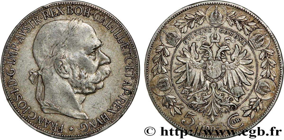AUSTRIA 5 Corona François-Joseph Ier 1907  VF 