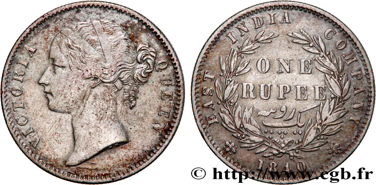 BRITISCH-INDIEN 1 Roupie East India Company Victoria 1840 Bombay fSS 
