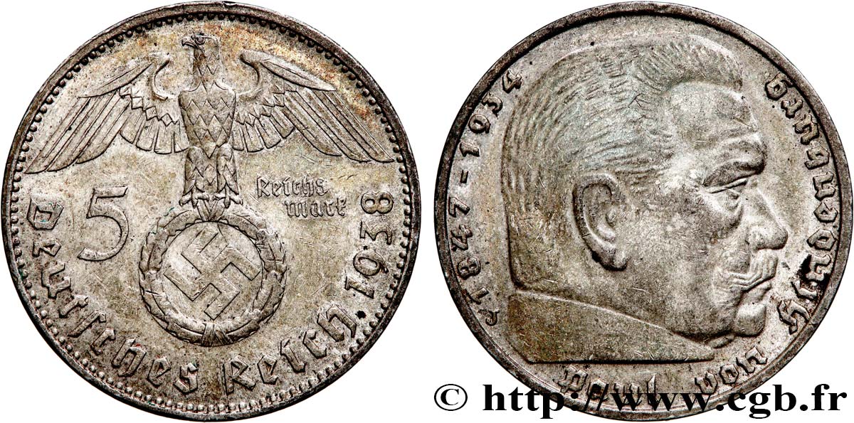 ALEMANIA 5 Reichsmark Aigle / Maréchal Paul von Hindenburg 1938 Hambourg MBC+ 