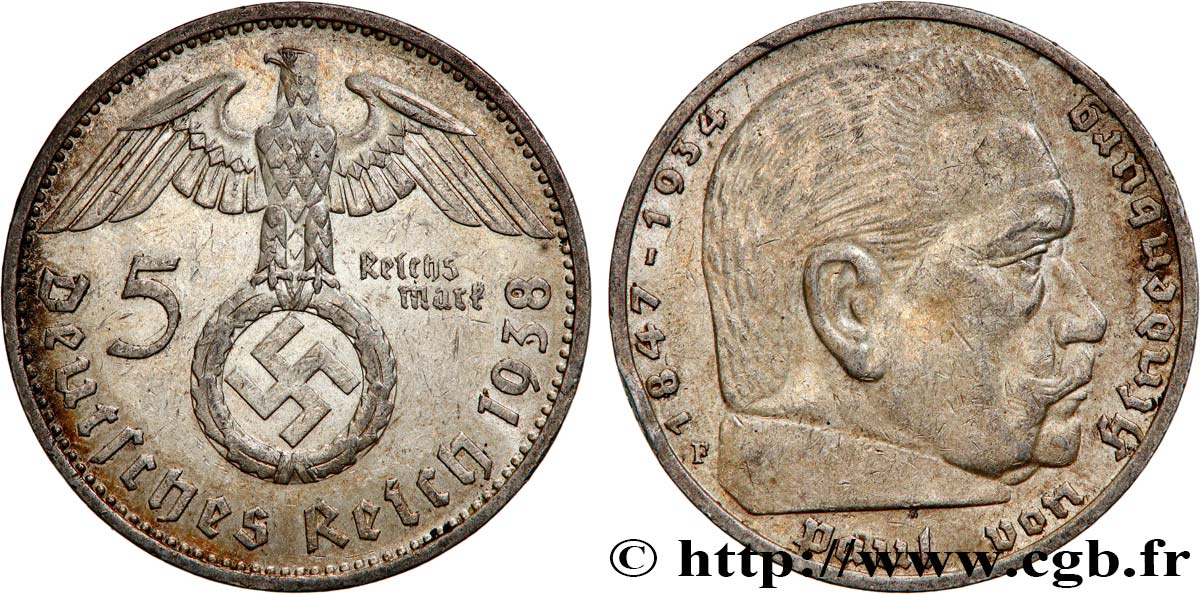 ALLEMAGNE 5 Reichsmark Maréchal Paul von Hindenburg 1938 Stuttgart TTB+ 