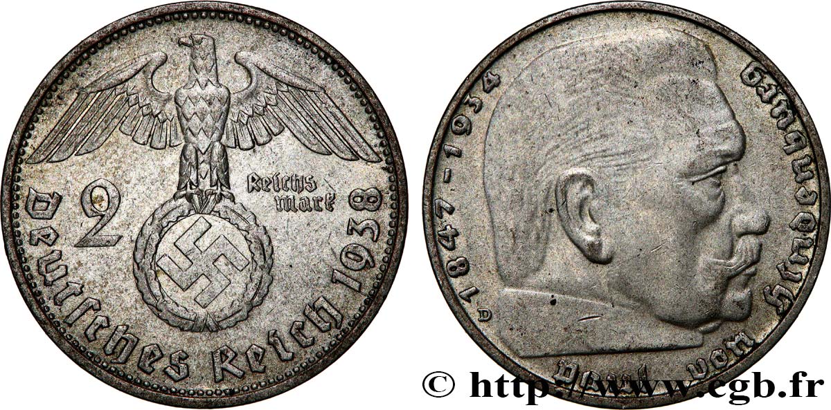 DEUTSCHLAND 2 Reichsmark Maréchal Paul von Hindenburg 1938 Munich SS 