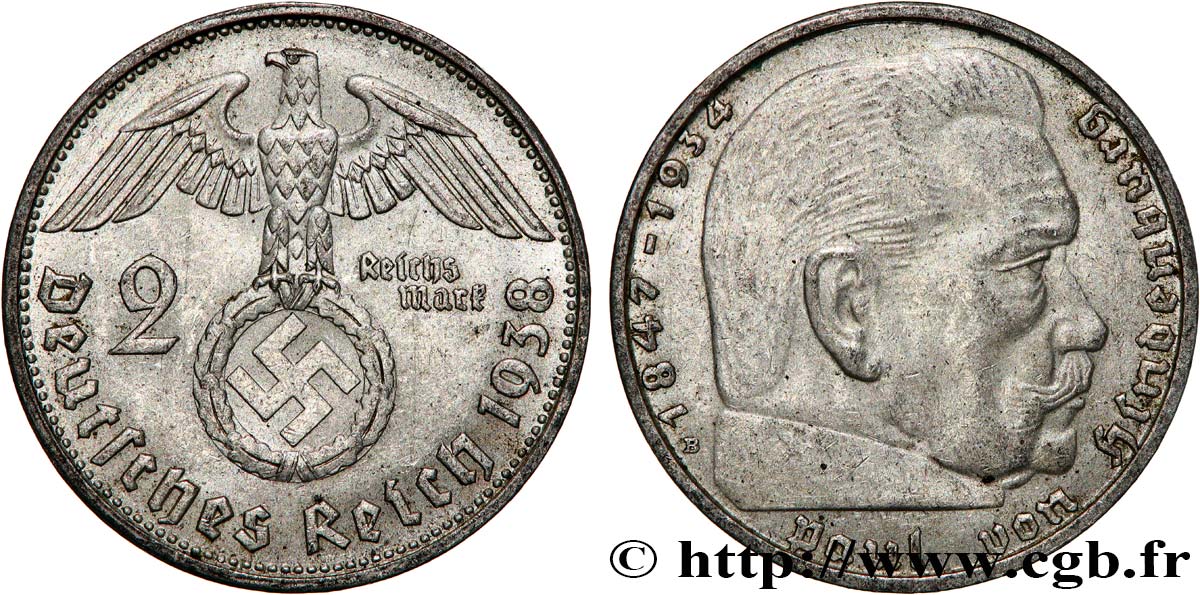 GERMANY 2 Reichsmark Maréchal Paul von Hindenburg 1938 Vienne AU 