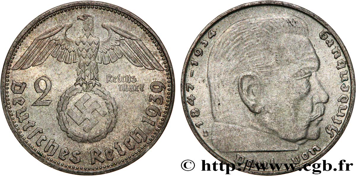 DEUTSCHLAND 2 Reichsmark Maréchal Paul von Hindenburg 1939 Munich  VZ 
