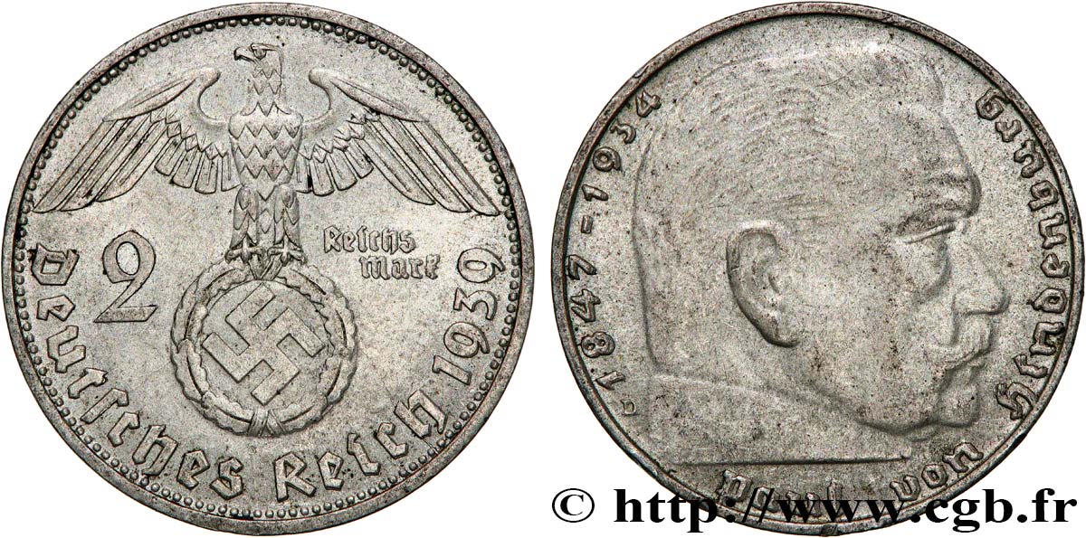 DEUTSCHLAND 2 Reichsmark Maréchal Paul von Hindenburg 1939 Munich  SS 