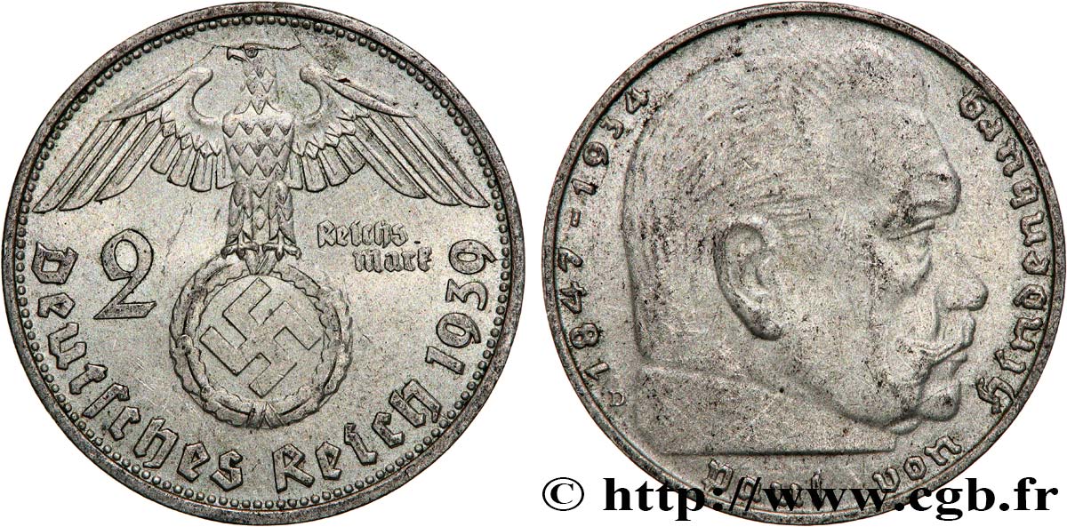 DEUTSCHLAND 2 Reichsmark Maréchal Paul von Hindenburg 1939 Munich  SS 