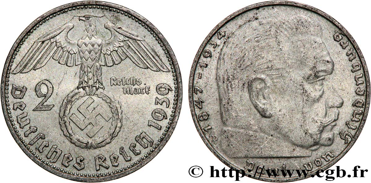 DEUTSCHLAND 2 Reichsmark Maréchal Paul von Hindenburg 1939 Munich  SS 