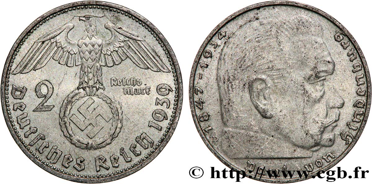 ALLEMAGNE 2 Reichsmark Maréchal Paul von Hindenburg 1939 Munich  TTB 