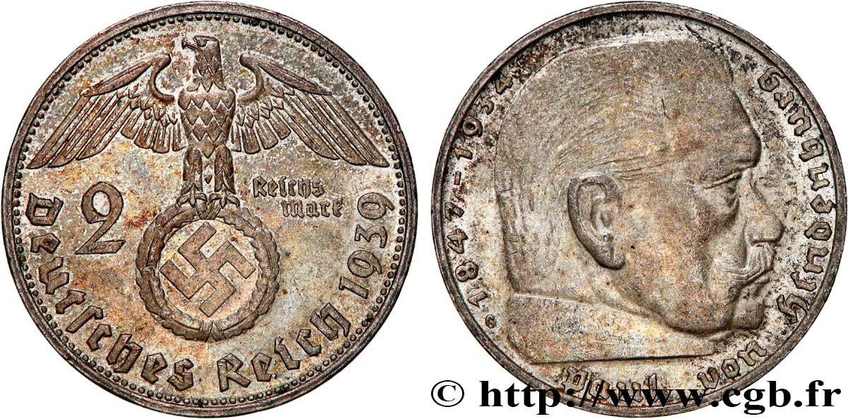 GERMANY 2 Reichsmark Paul von Hindenburg 1939 Karlsruhe - G AU 