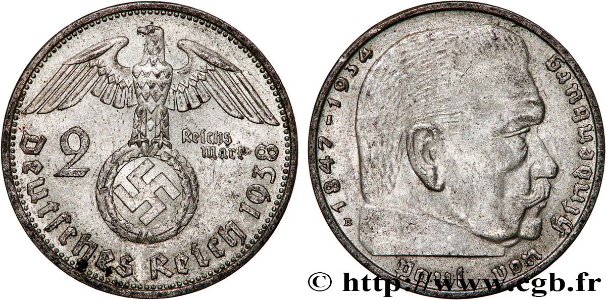 DEUTSCHLAND 2 Reichsmark Maréchal Paul von Hindenburg 1938 Vienne fVZ 