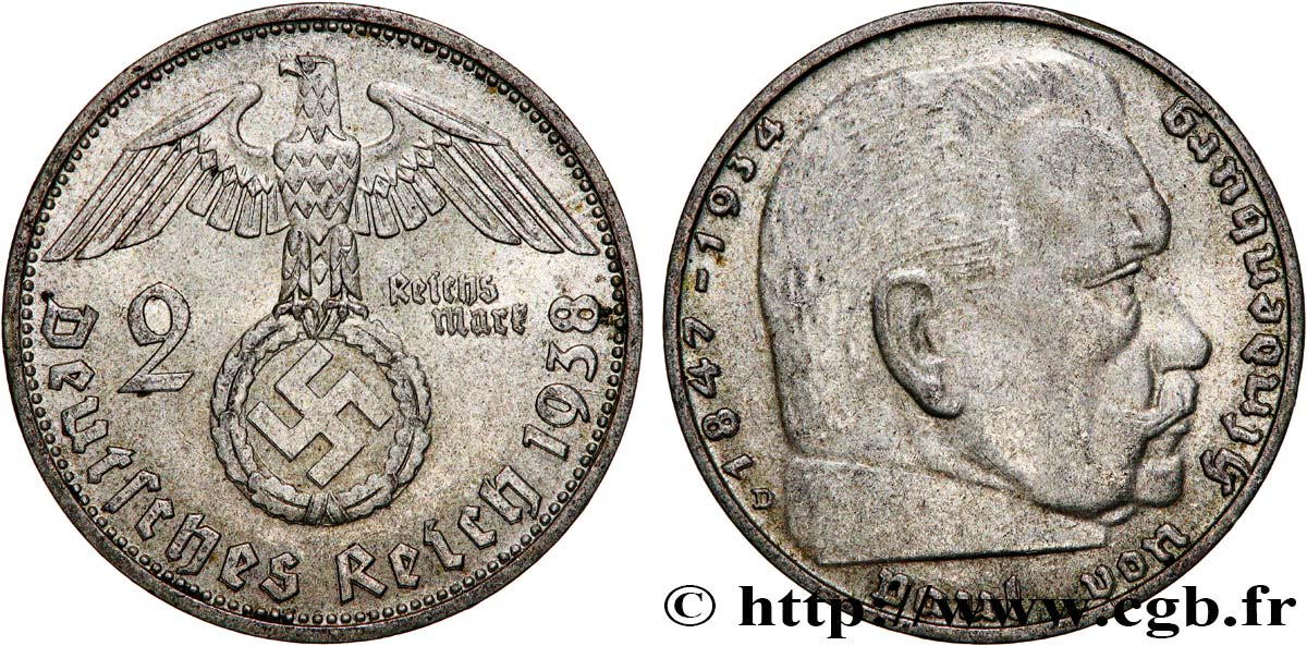 GERMANIA 2 Reichsmark Maréchal Paul von Hindenburg 1938 Munich BB 