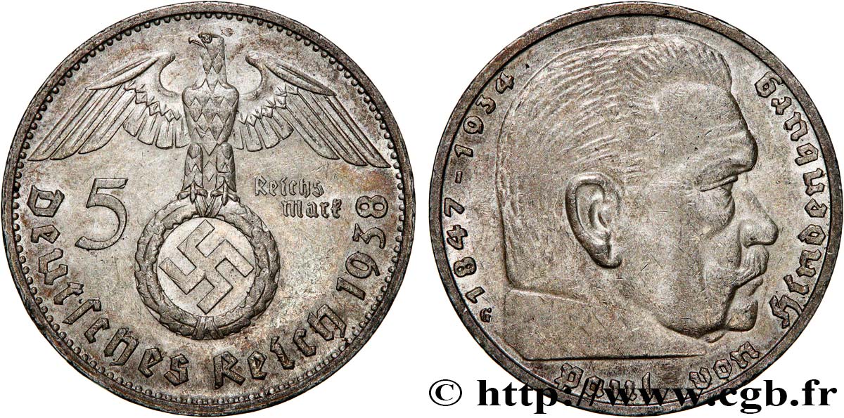 DEUTSCHLAND 5 Reichsmark Maréchal Paul von Hindenburg 1938 Karlsruhe SS 