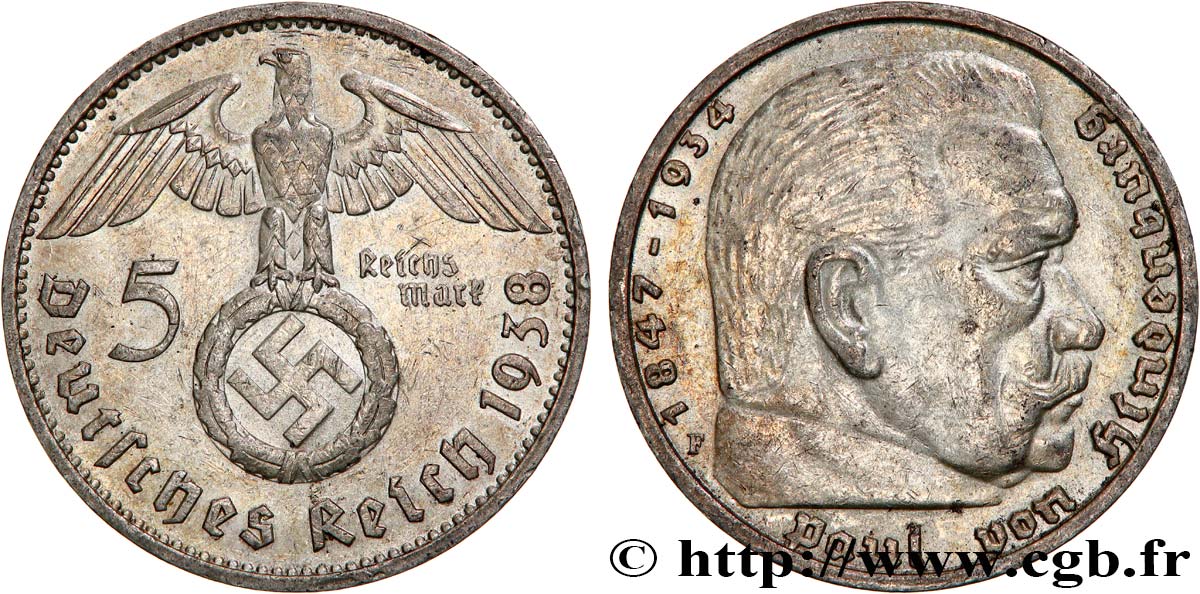 GERMANIA 5 Reichsmark Maréchal Paul von Hindenburg 1938 Stuttgart BB 