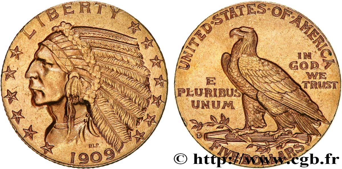 ÉTATS-UNIS D AMÉRIQUE 5 Dollars  Indian Head  1909 Philadelphie TTB 