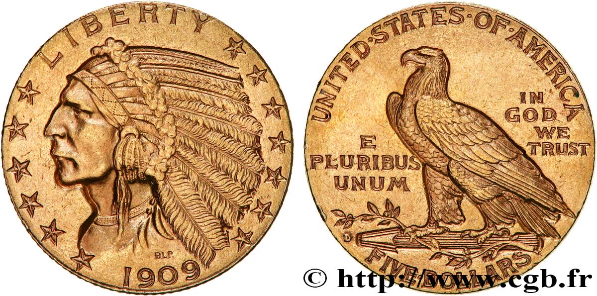 STATI UNITI D AMERICA 5 Dollars  Indian Head  1909 Philadelphie BB 