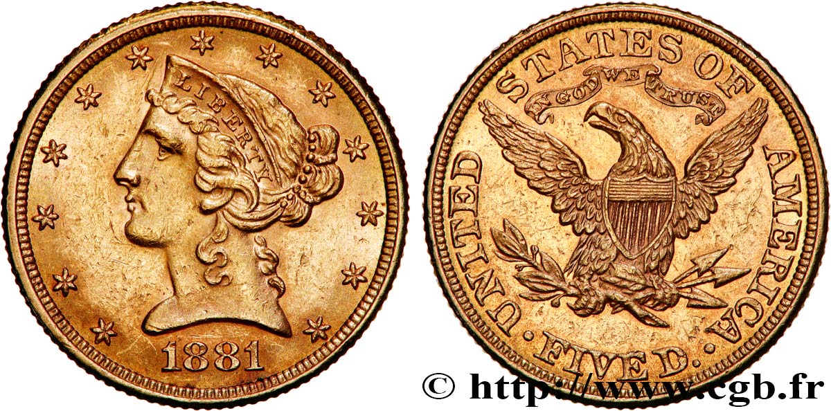 STATI UNITI D AMERICA 5 Dollars  Liberty  1881 Philadelphie q.SPL 