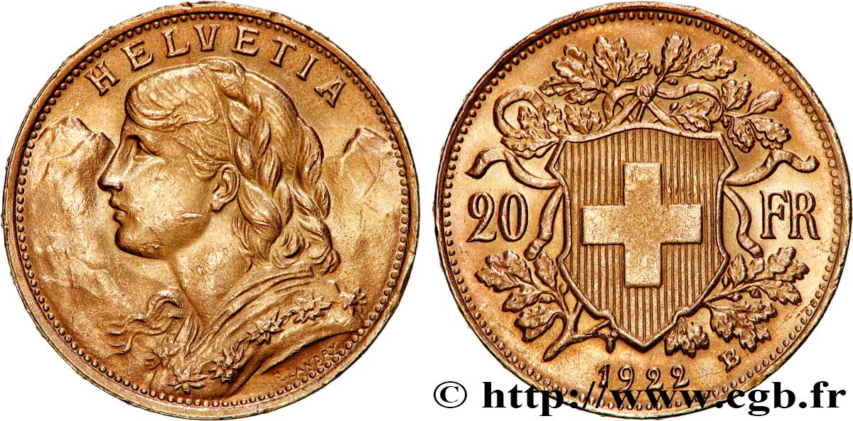 SUISSE 20 Francs  Vreneli   1922 Berne SUP 