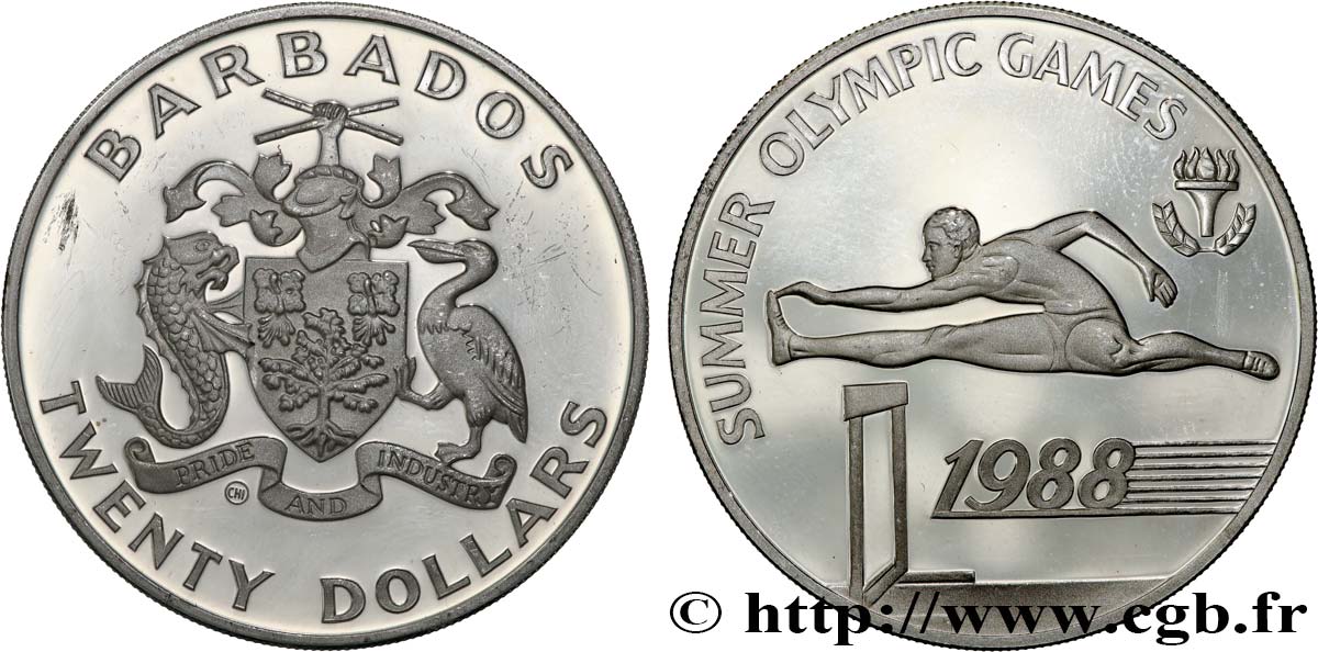 BARBADOS 20 Dollars Proof Jeux Olympiques de Séoul - course de haie 1985  fST 