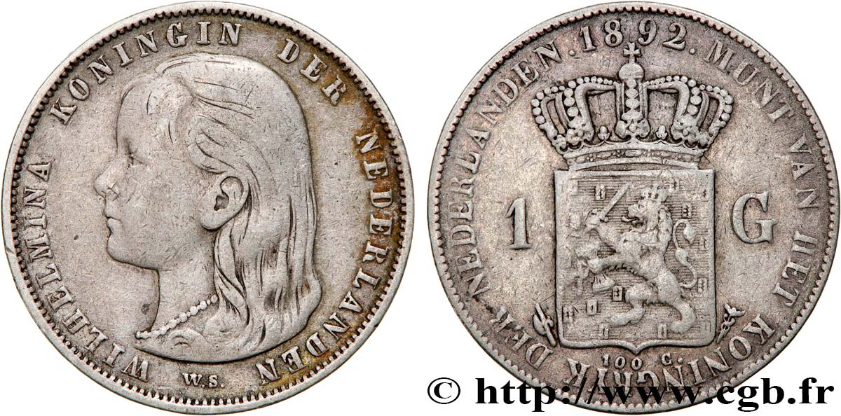 NETHERLANDS 1 Gulden Wilhelmina 1892 Utrecht VF 