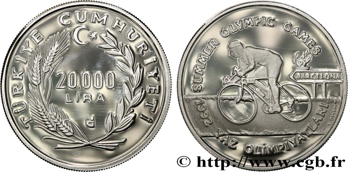 TURQUIE 20.000 Lira Proof Jeux Olympiques de Barcelone 1992 - cyclisme N.D. (1990)  SPL 