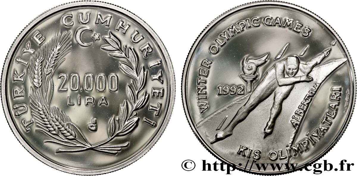 TURQUIE 20.000 Lira Proof Jeux Olympique d’hiver d’Albertville 1992  SPL 