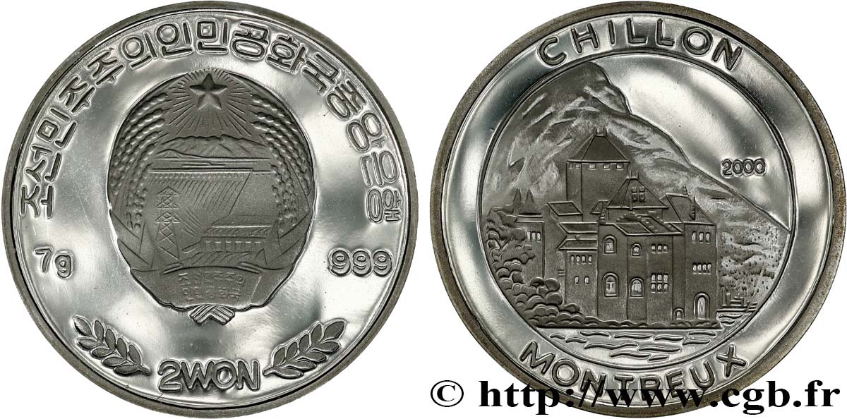 NORTH KOREA 2 Won Proof Château de Chillon 2000  MS 