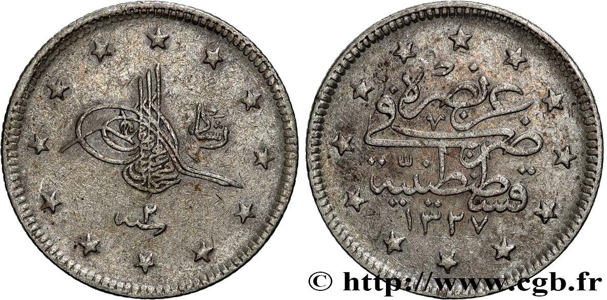 TURQUíA 2 Kurush Mehmet V AH 1327 an 2 1910 Constantinople MBC 