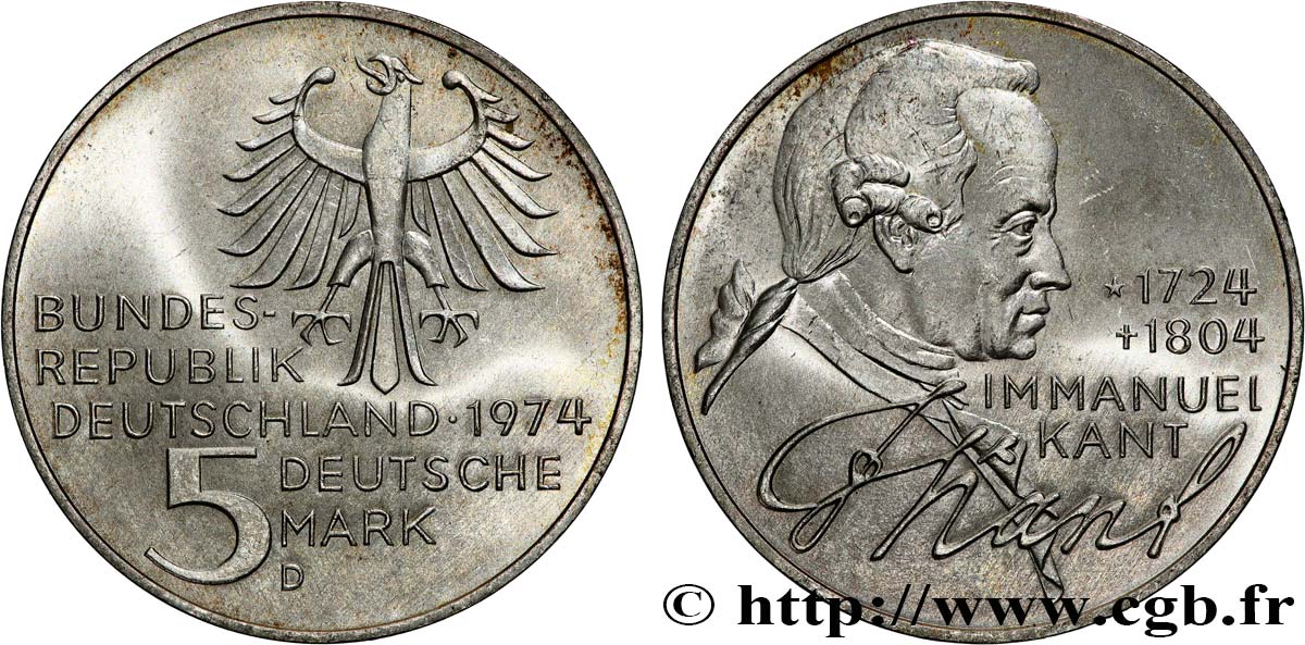 DEUTSCHLAND 5 Mark Emmanuel Kant 1974 Munich  VZ 