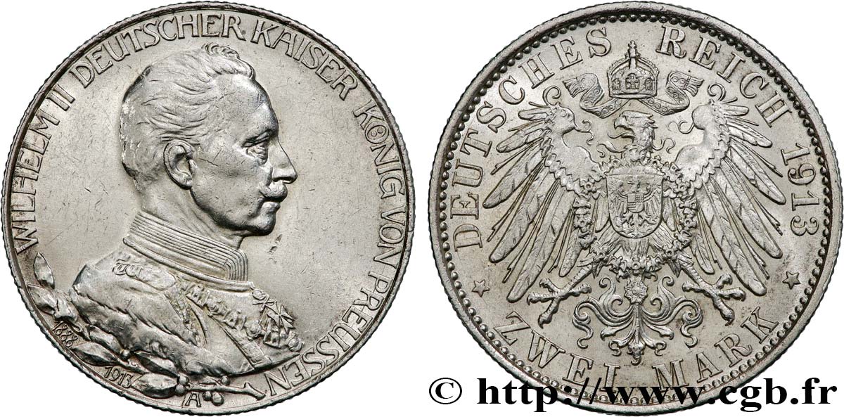 GERMANIA - PRUSSIA 2 Mark 25e anniversaire de règne de Guillaume II 1913 Berlin SPL 