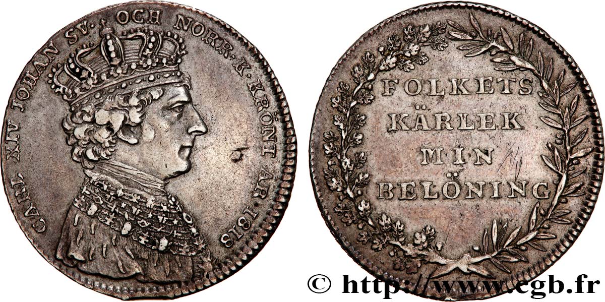 SUECIA 1/3 Riksdaler Couronnement du roi Charles XIV 1818  MBC 