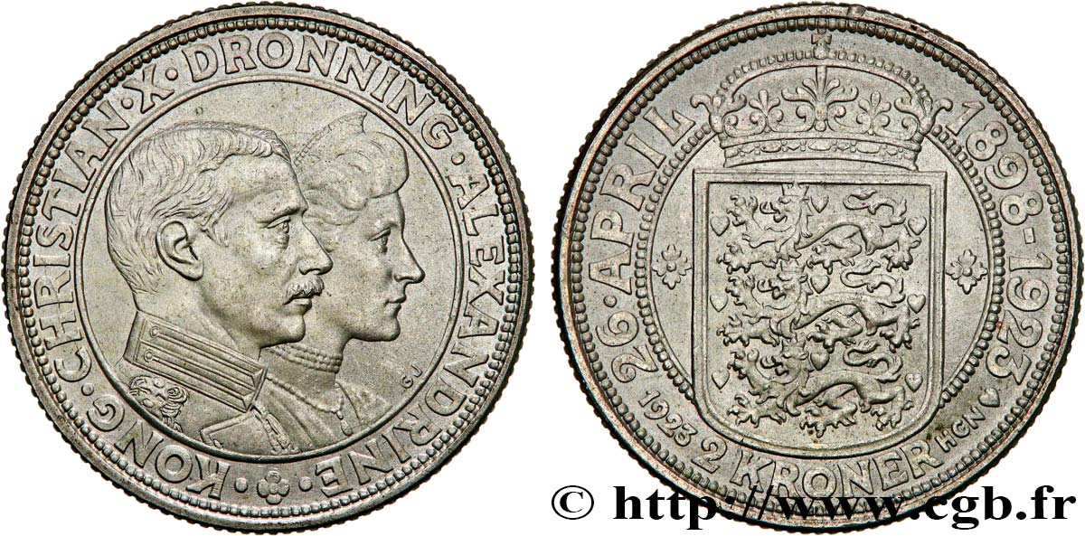 DÄNEMARK 2 Kroner Noces d’argent du couple royale 1923 Copenhague VZ 