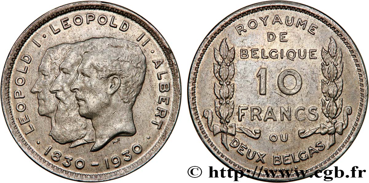 BÉLGICA 10 Francs - 2 Belgas Centenaire de l’Indépendance - légende Française 1930  MBC 