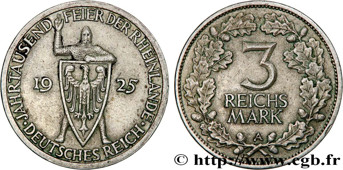 GERMANIA 3 Reichsmark millénaire de la Rhénanie 1925 Berlin SPL 