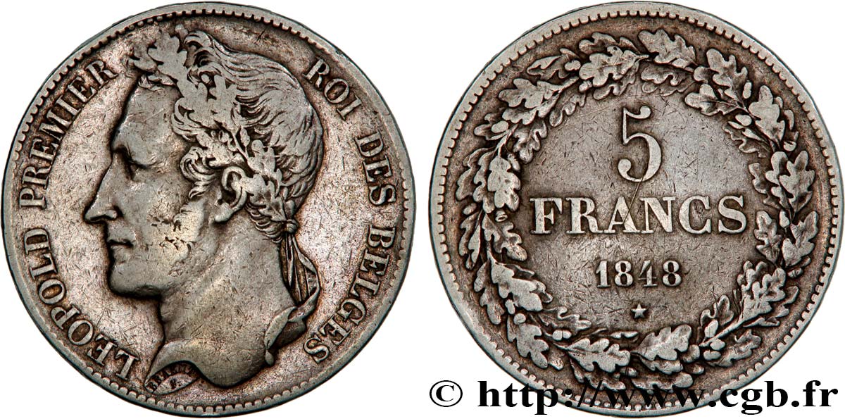 BELGIUM 5 Francs Léopold Ier tête laurée 1848  XF 