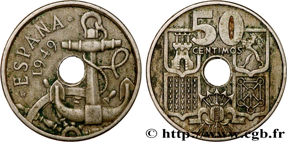 ESPAGNE 50 Centimos Ancre flèches vers le haut (1951) 1949 Madrid TTB 