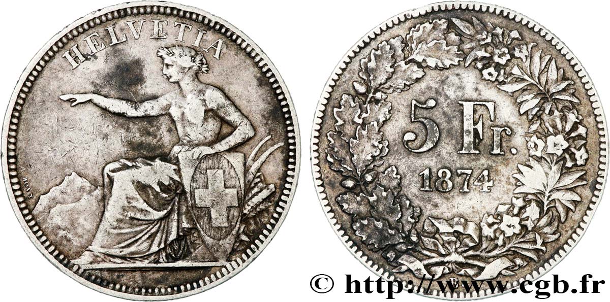 SUISSE 5 Francs Helvetia assise 1874 Bruxelles TTB 