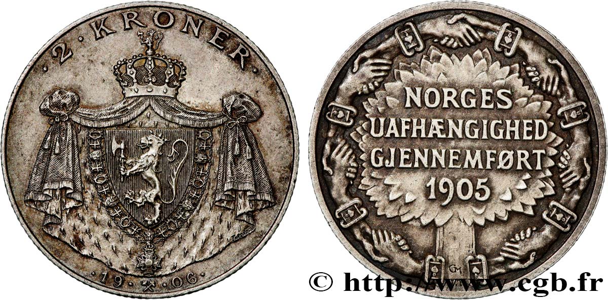 NORVEGIA 2 Kroner anniversaire de l’indépendance de 1905 1906  SPL 