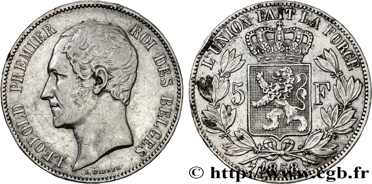 BELGIQUE - ROYAUME DE BELGIQUE - LÉOPOLD Ier 5 Francs Léopold Ier tête nue 1858  TTB 